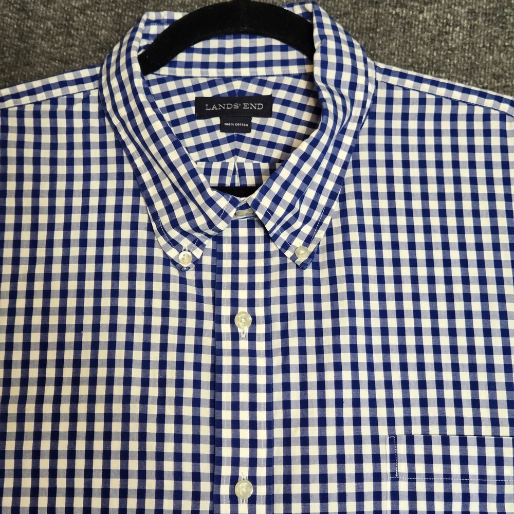 Lands End Gingham Traditional Long Sleeve Button Shirt 18/18.5 XXL Blue‎ White
